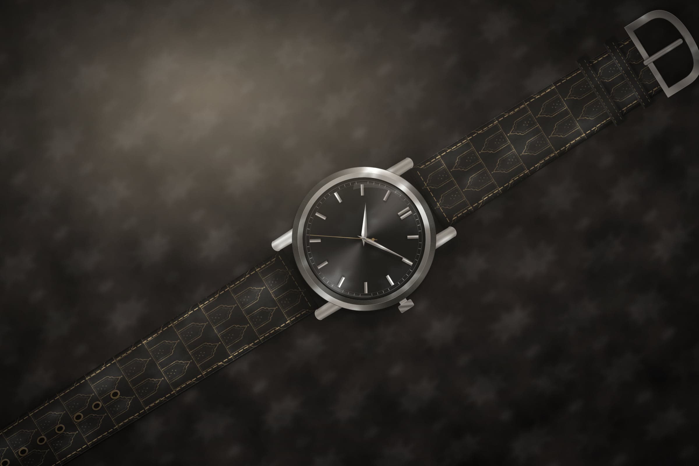 Concept render: an unbranded watch with a black dial on the Jharokha Noir strap, in patterned light on slate.