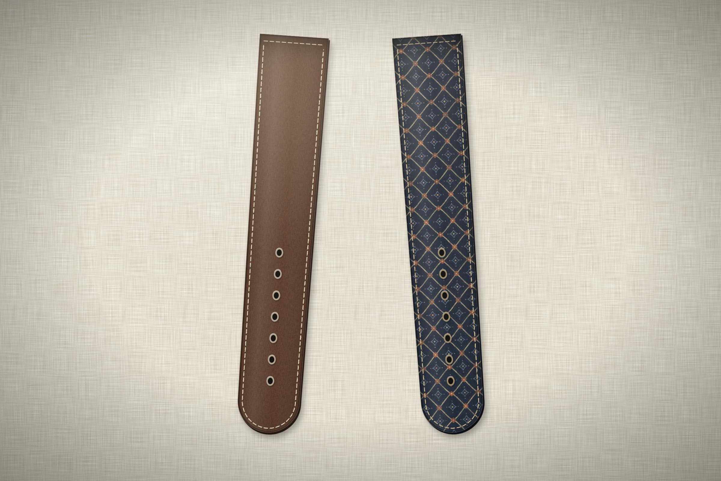 Concept render: a plain brown leather strap beside a printed midnight fabric strap on linen.