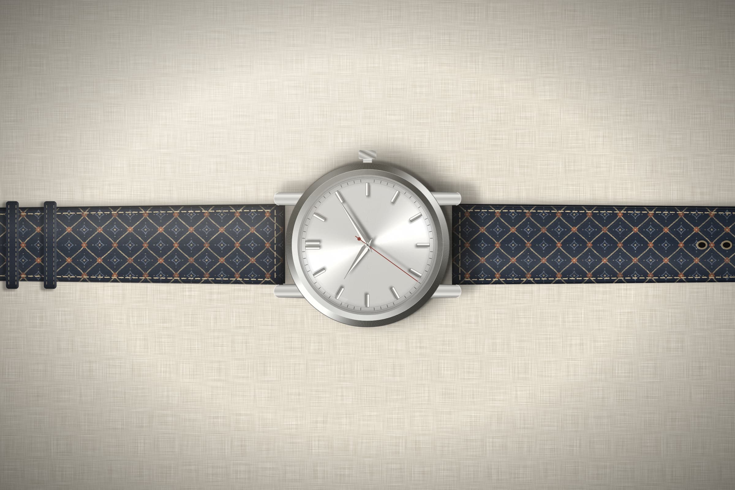Concept render: an unbranded watch on a midnight lattice strap, lying horizontally on linen.