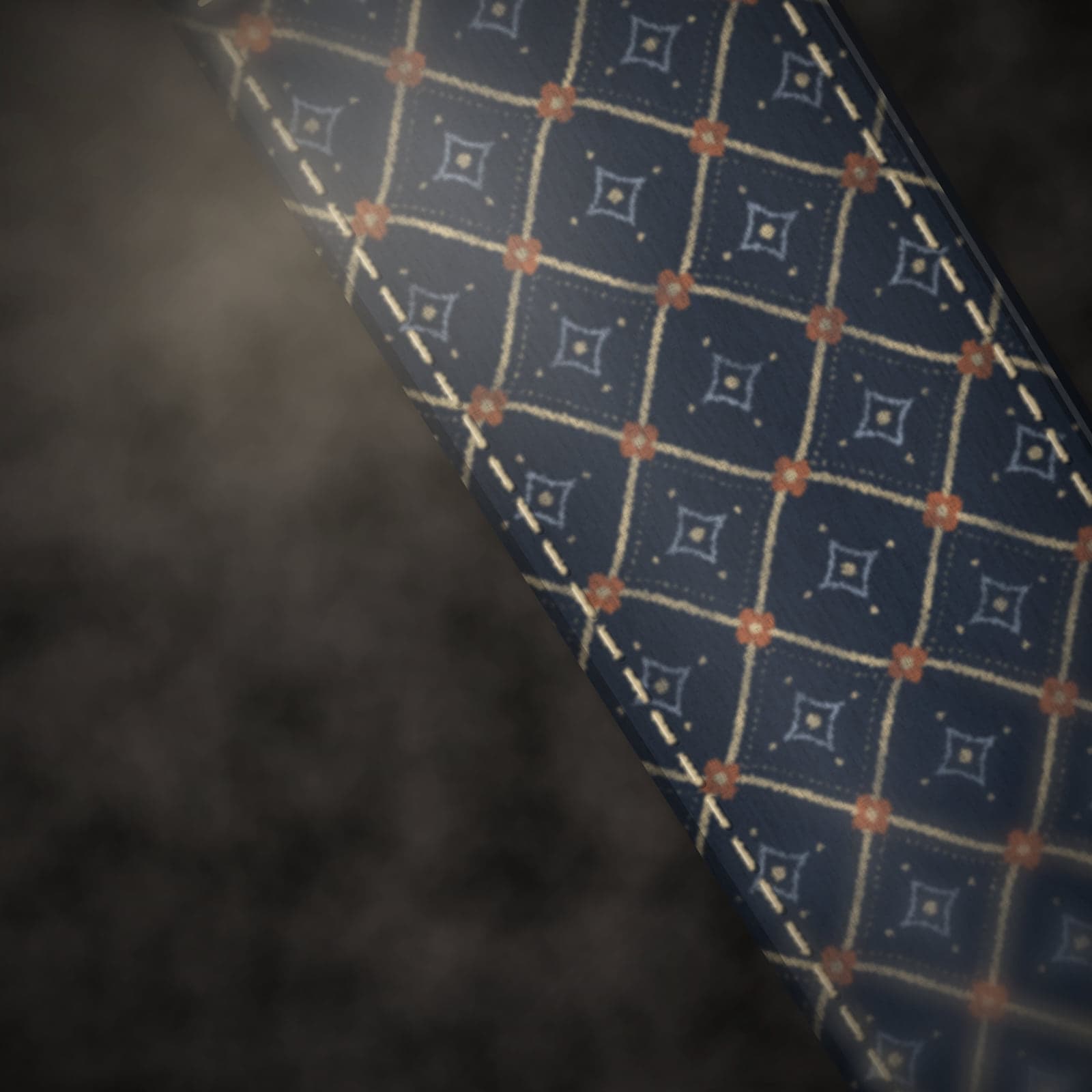 Concept render: close-up of edge stitching and strap holes on a midnight lattice print.