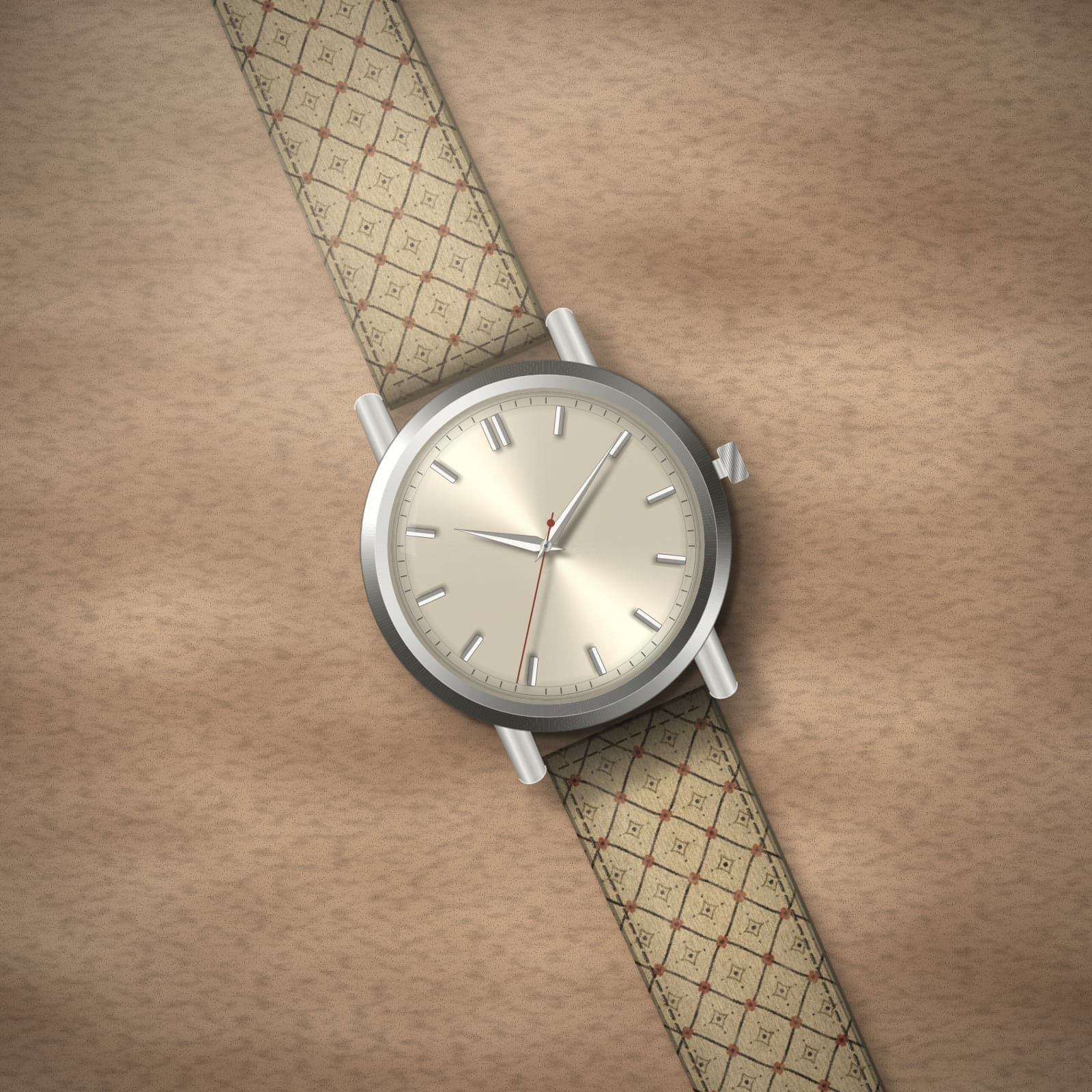 Concept render: an unbranded watch with a cream dial on the Bagru Earth strap, on sandstone.