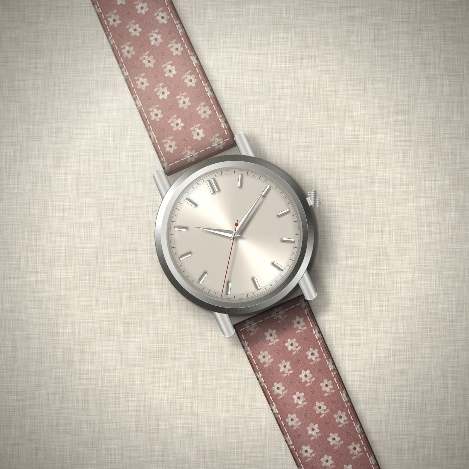 Concept render: an unbranded watch with a cream dial on the Jaipur Rose strap, on linen.
