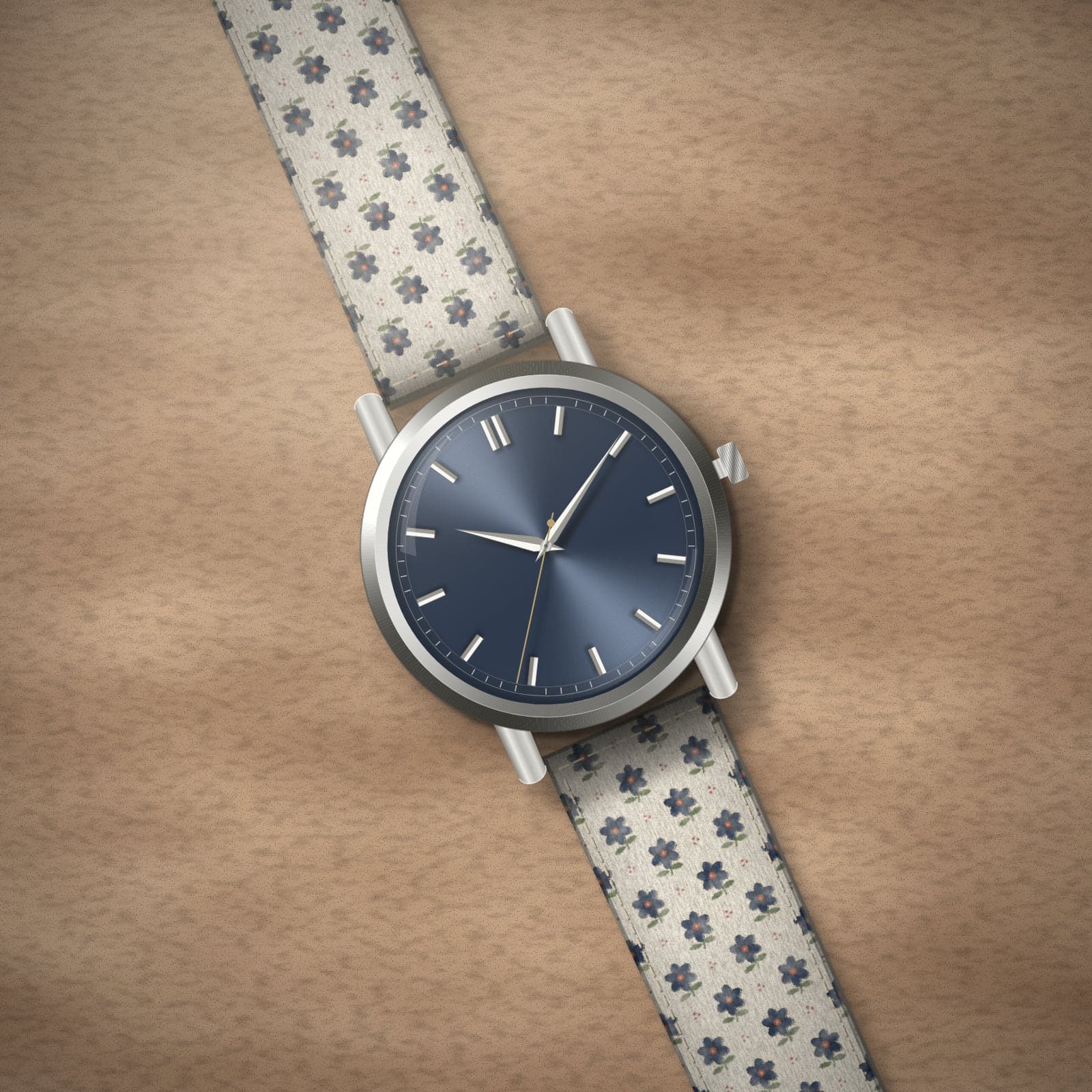 Concept render: an unbranded watch with a deep blue dial on the Sanganer Ivory strap, on sandstone.