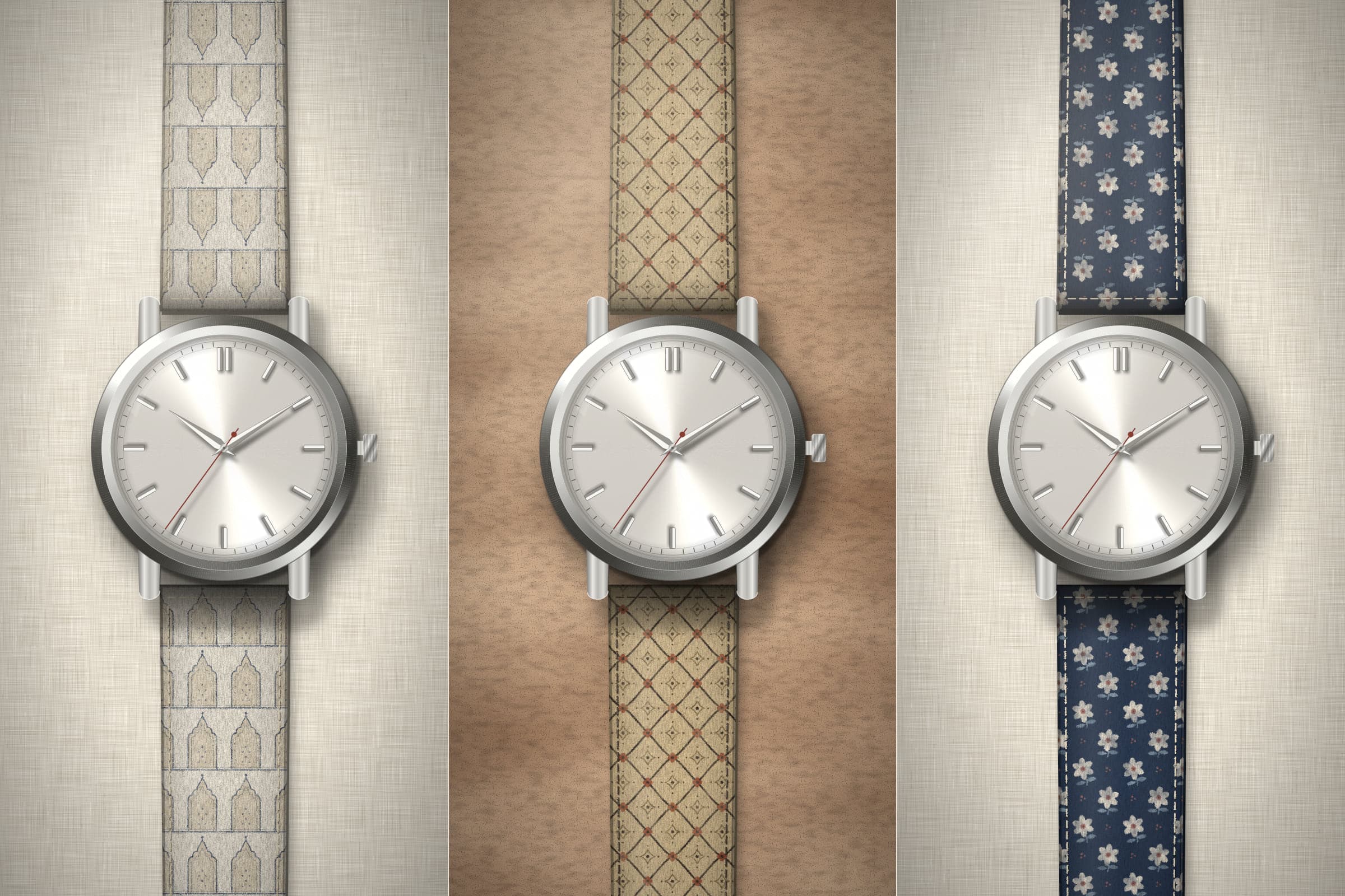 Concept render: one unbranded watch shown on three different printed straps.