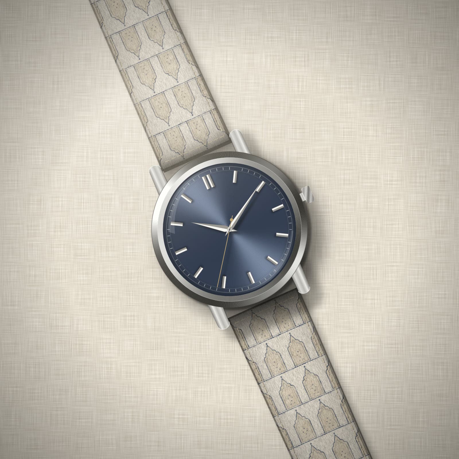 Concept render: an unbranded watch with a blue dial on the Courtyard Ivory strap, on linen.